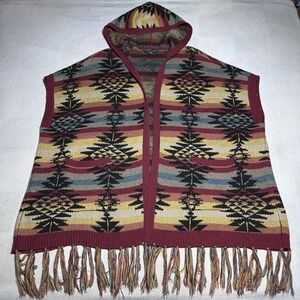 American Eagle Cardigan Poncho Womens XS Native Aztec Southwestern Fringe Hooded
